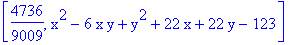 [4736/9009, x^2-6*x*y+y^2+22*x+22*y-123]